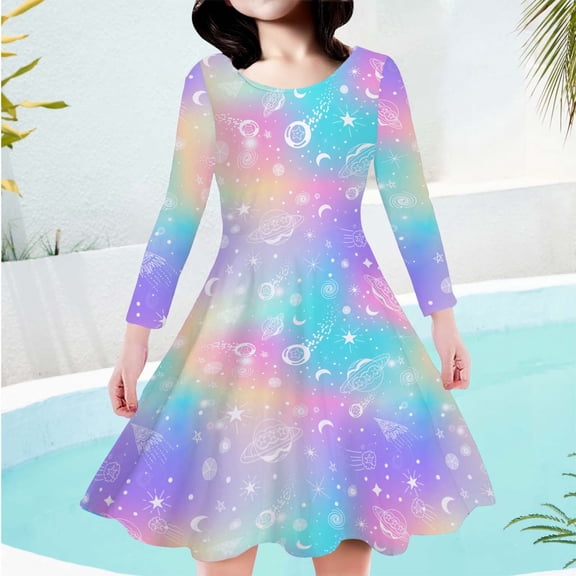 JUoaLXG Toddler Girls Casual Dresses Summer Colorful Print Long Sleeve Kids Fashion Party Dress Daily-Wear,Multicolor,8-9 Years