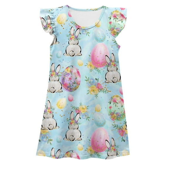 JUoaLXG Toddler Girls Casual Dresses Summer Easter Bunny Print Round Neck Flying Sleeve Comfortable Homewear DressStreetwear,Blue,3-4 Years