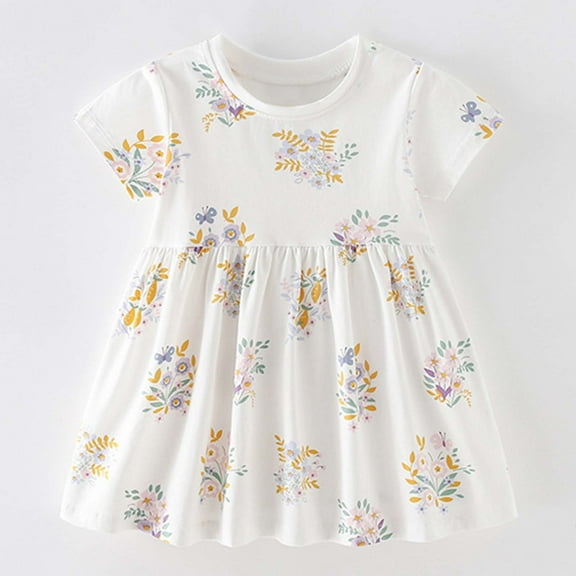 JUoaLXG Toddler Girls Casual Dresses Summer Floral Round Neck Short Sleeve Dress Sportwear,White,8-9 Years