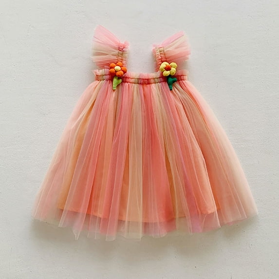 JUoaLXG Toddler Girls Casual Dresses Summer Fly Sleeve Party Floral Dance Party Dress Daily-Wear,Orange,6-7 Years