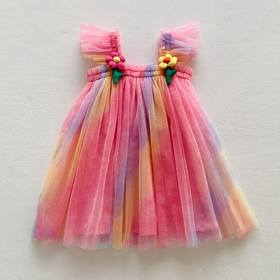 JUoaLXG Toddler Girls Casual Dresses Summer Fly Sleeve Party Floral Dance Party Dress Outwear,Pink,4-5 Years