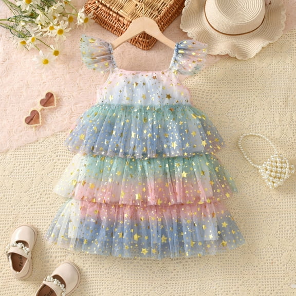 JUoaLXG Toddler Girls Casual Dresses Summer Fly Sleeve Party Tiered Dance Party Dress Holiday Wear,Pink,3-4 Years