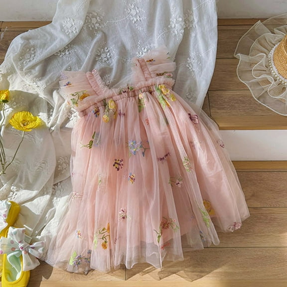 JUoaLXG Toddler Girls Casual Dresses Summer Fly Sleeves Embroider Princess Dance Party Floral Dress Activewear,Pink,4-5 Years