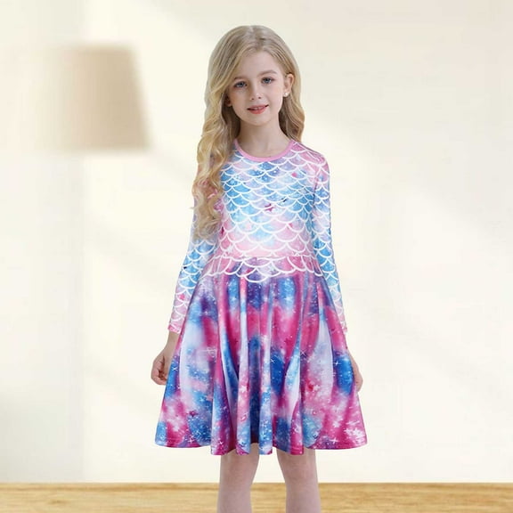 JUoaLXG Toddler Girls Casual Dresses Summer Gradient Print Crew Neck Long Sleeve Nightgowns Dress Activewear,Purple,7-8 Years