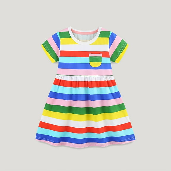JUoaLXG Toddler Girls Casual Dresses Summer Kids Baby Short Sleeve Rainbow Stripe Print Dance Party Dress Holiday Wear,Multicolor,4-5 Years