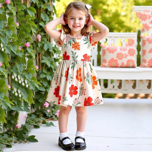 JUoaLXG Toddler Girls Casual Dresses Summer Kids Children Fly Sleeve Flower Print Princess Fashion Cute Dress Sportwear,Orange,5-6 Years