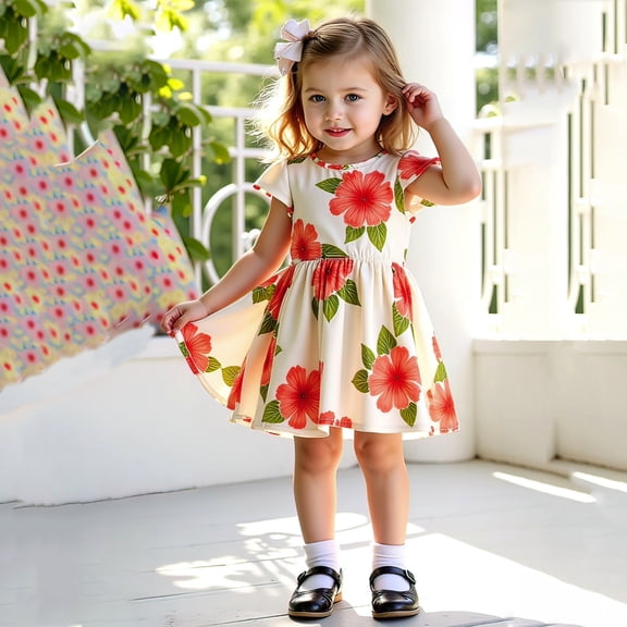 JUoaLXG Toddler Girls Casual Dresses Summer Kids Children Fly Sleeve Flower Print Princess Fashion Cute Dress Streetwear,Orange,3-4 Years