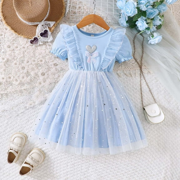 JUoaLXG Toddler Girls Casual Dresses Summer Lace Star Print Lightweight Spring Dress Streetwear,Blue,2-3 Years