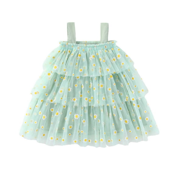 JUoaLXG Toddler Girls Casual Dresses Summer Mesh Strappy Square Collar Sleeveless Party Tiered Dance Party Tutu Sundress Streetwear,Green,4-5 Years