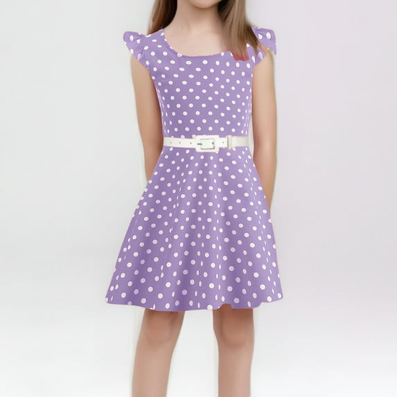 JUoaLXG Toddler Girls Casual Dresses Summer Party Sleeveless Gown Kid Dots Print Floral Children Dress Holiday Wear,Purple,5-6 Years