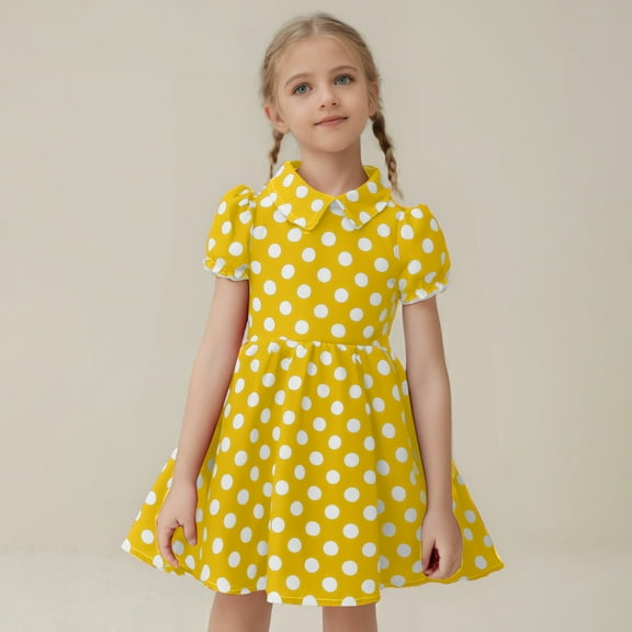 JUoaLXG Toddler Girls Casual Dresses Summer Party Sleeveless Gown Kid Dots Print Floral Children Princess Dress Daily-Wear,Yellow,6-7 Years