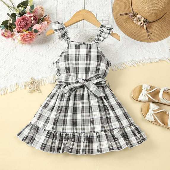 JUoaLXG Toddler Girls Casual Dresses Summer Plaid Patchwork Ruffled Sleeveless Dress Daily-Wear,Gray,2-3 Years