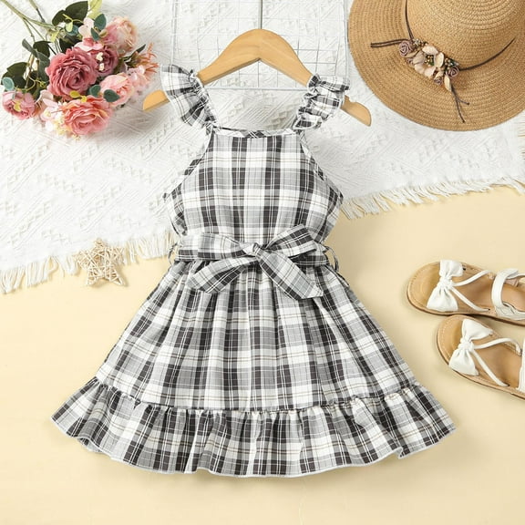 JUoaLXG Toddler Girls Casual Dresses Summer Plaid Patchwork Ruffled Sleeveless Dress Daily-Wear,Gray,2-3 Years