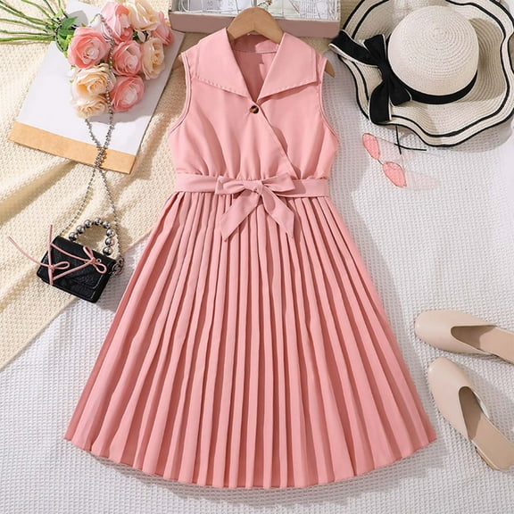 JUoaLXG Toddler Girls Casual Dresses Summer Pleated Sleeveless Trendy Party Dress Outwear,Pink,8 Years