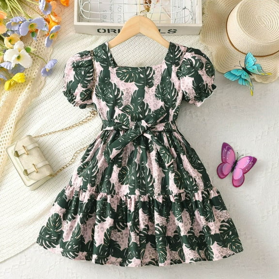 JUoaLXG Toddler Girls Casual Dresses Summer Short Sleeve Floral Print Party Dance Party Dress Holiday Wear,Green,3-4 Years