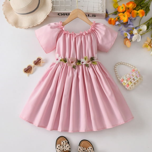 JUoaLXG Toddler Girls Casual Dresses Summer Short Sleeve Party Dance Party Dress Outwear,Pink,6-7 Years