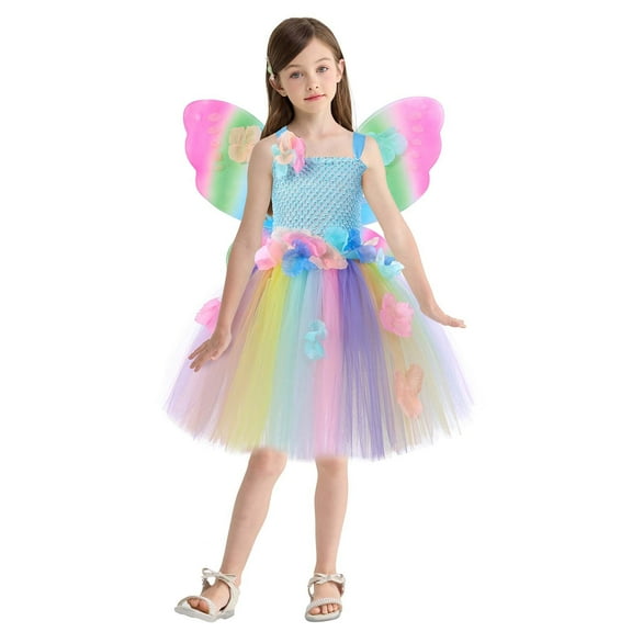 JUoaLXG Toddler Girls Casual Dresses Summer Sleeveless Suspenders Dance Party Princess Wand Headband Wing Set Dress Daily-Wear,Blue,5-6 Years