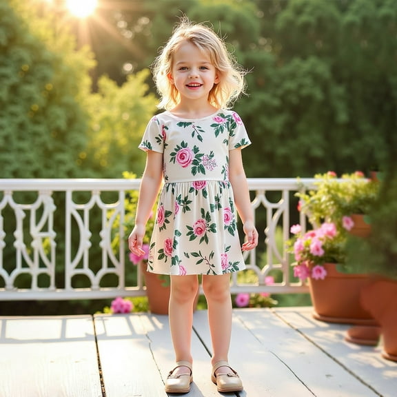 JUoaLXG Toddler Girls Casual Dresses Summer Sweet Floral Short Sleeve Cute Party Kids Birthdays Dress Activewear,White,3-4 Years
