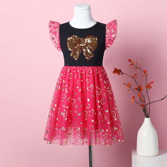 JUoaLXG Toddler Girls Casual Dresses Valentine'S Day Bowknot Print Crew Neck Fly Sleeve Party Mesh Dress Outwear,Red,3-4 Years