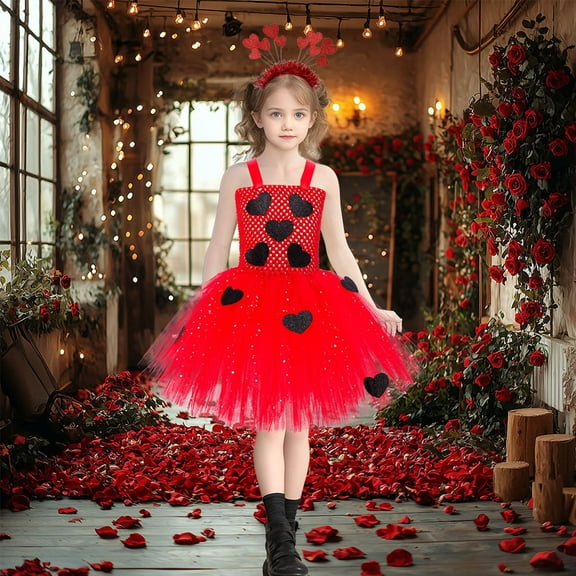 JUoaLXG Toddler Girls Casual Dresses Valentine'S Day Kids Solid Color Strappy A Line Mesh Tutu Dress With Headband Set Outwear,Red,4-5 Years