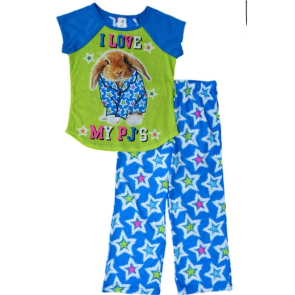 JV Apparel Girls Blue & Green I Love My PJS Bunny Pajamas Sleep Set Sleepwear S