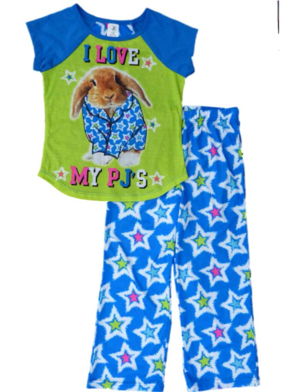 Girls Blue & Green I Love My PJS Bunny Pajamas Sleep Set Sleepwear S
