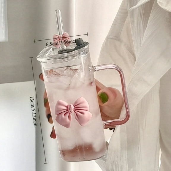 JVBTVB 13.5Oz Glass Tumbler With Lid And Straw, Cute Bowknot Decor Glass Water Cup With Handle, Clear Drinking Glasses For Iced Coffee Tea, Ideal Valentine'S Day Gifts For Women Girls Her