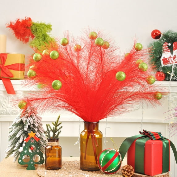 JVBTVB 18.5-Inch Fluffy Christmas Tree Picks with Red Balls, Curly Holiday Decor for Xmas Tree, Gift, Mantel Decoration