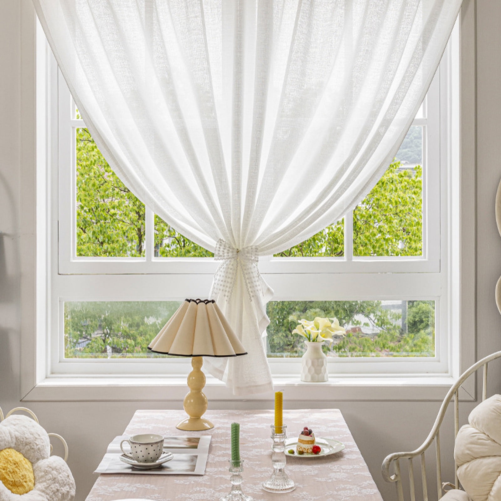 JVBTVB No Drill Adhesive Polyester Blinds - Sheer Window Curtains for Bedroom & Balcony, Semi-Transparent Light Filtering, Pleated Texture (39x47/39x59/39x71 inch, White)