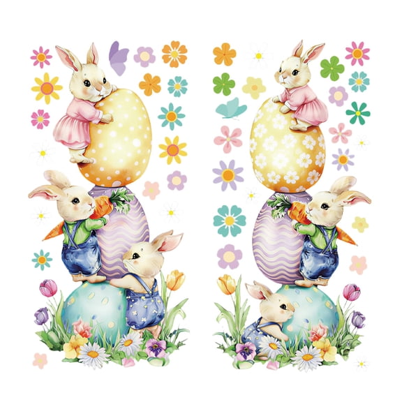 JVBTVB Easter Bunny and Flowers Window Clings, Large Reusable Sparkling Colorful PVC Decals, 2-Piece Set, for Home Party Office Classroom Wall Window Door Decoration