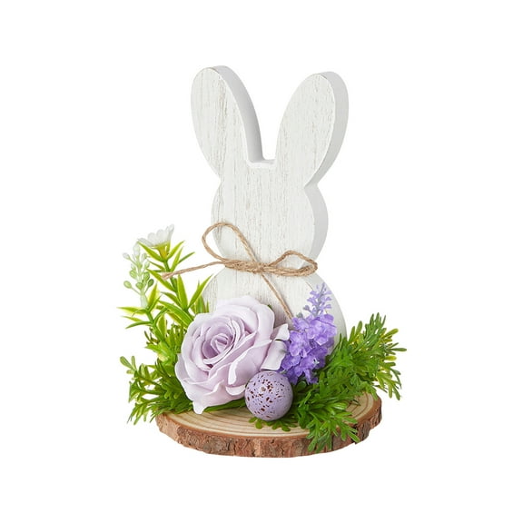 JVBTVB Easter Bunny Tabletop Wooden Ornament, White Solid Bunny with Easter Eggs Flowers Decoration & Wooden Base, Easter Decorations for Home Indoor