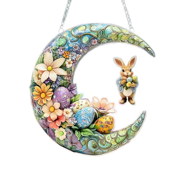 JVBTVB Easter Decorations, Crescent Moon Acrylic Hanging Ornament with Colorful Flowers & Bunny, Spring Window Wall Decor for Home Office Party