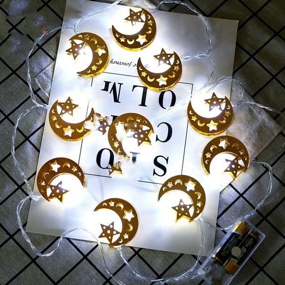 JVBTVB Golden Star and Moon LED String Lights for Ramadan & Eid Decor – 10-Light Iron Lantern Garland, Battery Operated, Warm White/Multicolor, 5.4ft Indoor Holiday Decoration