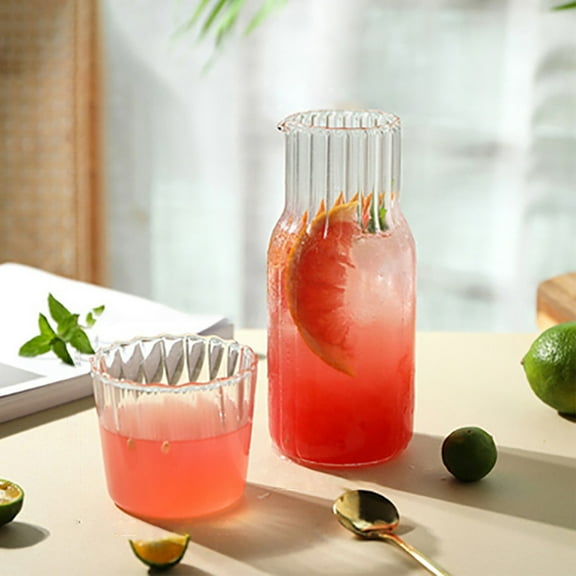 JVBTVB Infuser Water Pitcher with Glass Cup, 0.6L Borosilicate Glass Pitcher Heat & Cold Resistant for Fruit Infused Water, Iced Tea, Vertical Stripe Design for Secure Grip, Dishwasher Safe