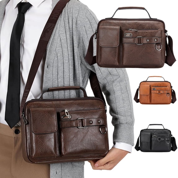 JVBTVB Men's Crossbody Shoulder Bag Textured PU Leather Lightweight Spacious Adjustable Strap Multiple Compartments for Travel Work Daily Business