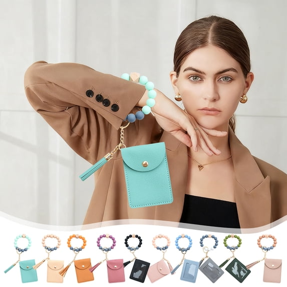 JVBTVB Multi-Card PU Leather Wallet Keychain with Fringe, 3-in-1 RFID Blocking Card Holder Coin Purse with Key Ring for Women Girls, Compact Small Wallet Scalloped Edge 2. 76x3.94in
