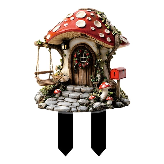 JVBTVB Mushroom House Garden Stake Outdoor Decor, 2D Flat Yard Ornament for Fairy Garden, Party & Courtyard Scene Decoration, Easy to Install, 8 Inches