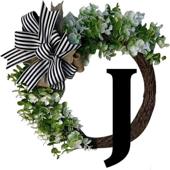 JVBTVB Personalized Wreath, 26 Letter Customizable Front Door Hanging Decor with Bow, Wooden Alphabet Wall Decoration for Home, Wedding, Housewarming, 15 Inch Rattan Ring Wreath