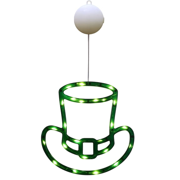 JVBTVB St. Patrick's Day LED Window Light with Hat Design, Battery Operated Green Hanging Decoration for Doors, Windows Walls, Includes Suction Cups