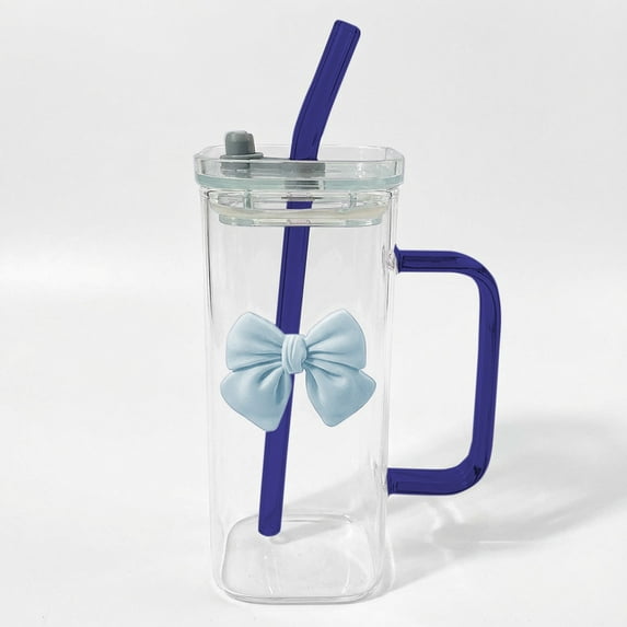 JVBTVB Valentine'S Day Gift Glass Cup 400Ml With Detachable Bow, Lid, Handle & Straw, Butterfly Decorated Glass Tumbler For Her, Valentine'S Decor