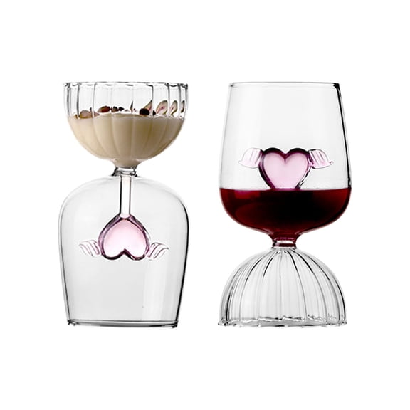 JVBTVB Valentines Day Heart Wing Wine Glass, 12Oz Double Ended Crystal Lowball Tumbler, Pink Romantic Glass Cup For Dessert & Cocktail, Unique Gift For Her