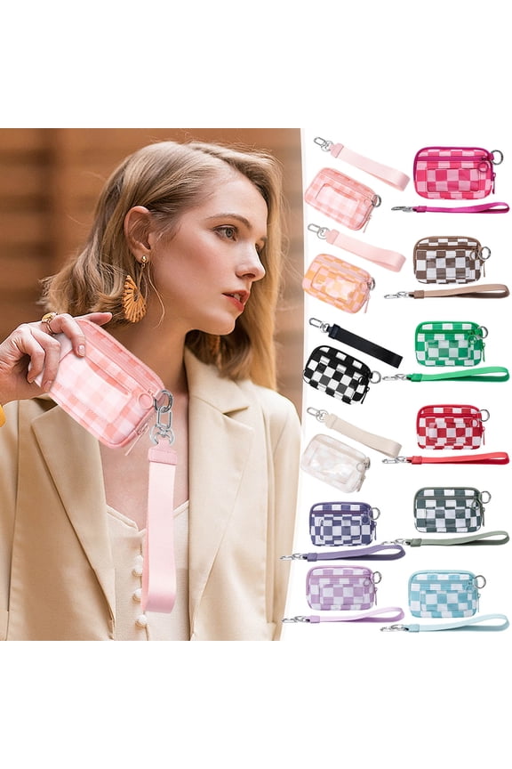 Waterproof Wristlet Pouch with Clear ID Window, Plaid Pattern - Compact Travel Wallet with Wrist Strap