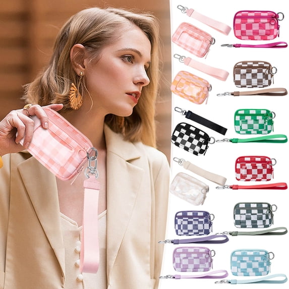 JVBTVB Waterproof Wristlet Pouch with Clear ID Window, Plaid Pattern - Compact Travel Wallet with Wrist Strap