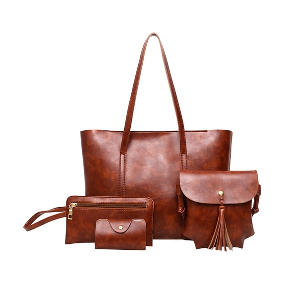 JVBTVB Women's Handbag Purse Set 4 Piece Vintage Oiled Leather Tote Shoulder Crossbody Bags Large Capacity Set with Wallet Cardholder