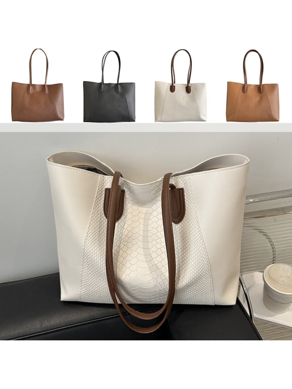 Women's Large Leather Tote Bag Shoulder Handbag Casual Satchel with Zipper Pocket For Work Daily Commute Travel 15.6 Inch