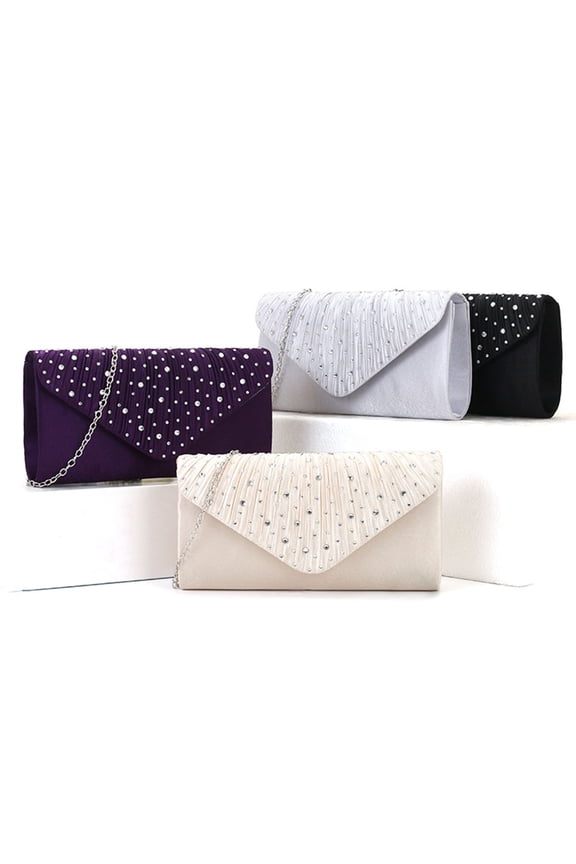 Women's Pleated Evening Clutch with Rhinestone Embellishments Detachable Chain Shoulder Strap Small Handbag for Wedding Party Prom Formal Events 8.5 Inches