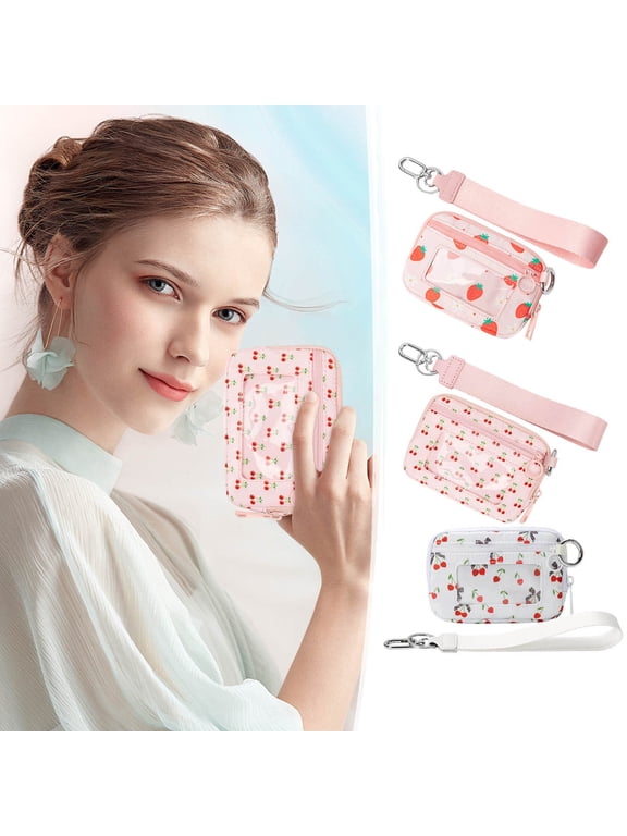 Women's Waterproof Wristlet Pouch with Clear ID Window Small Wristlet Wallet for Teens Girls Strawberry Cherry Print Travel Essential Card Holder