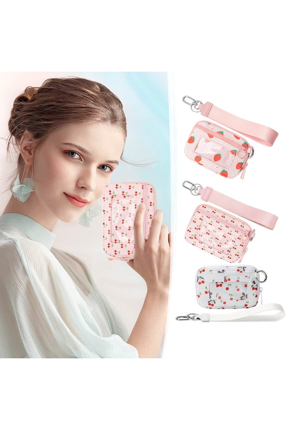 Women's Waterproof Wristlet Pouch with Clear ID Window Small Wristlet Wallet for Teens Girls Strawberry Cherry Print Travel Essential Card Holder
