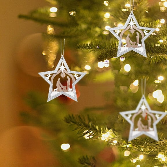 JVBTVB Wooden Nativity Scene Christmas Tree Ornaments, 3-Tier Silver White Religious Decor for Indoor Xmas Tree Home Decorations