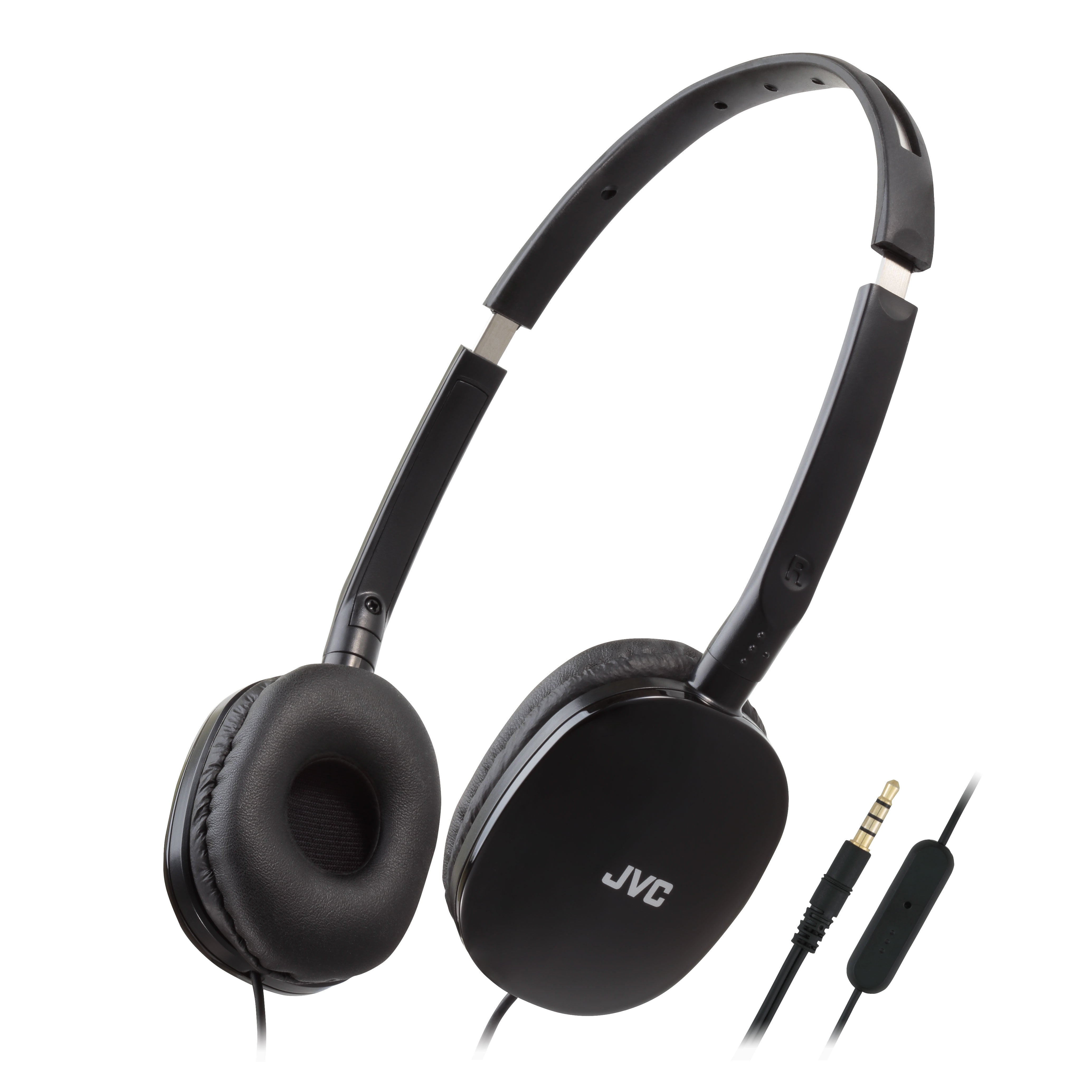 JVC Black Flat Foldable Colorful Flats On Ear Headphones with Remote and Microphone, 3.94 Foot Gold Plated 3.5mm Slim Plug - HAS160MB, Adjustable